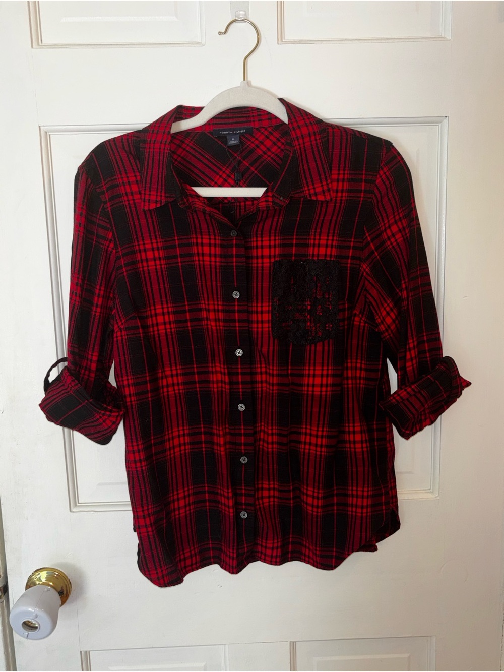 Tommy Hilfiger Red and Black Plaid Button-Up Shirt